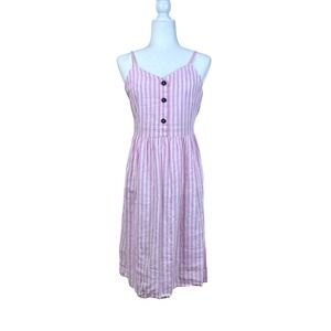 Esmara Pink White Striped Linen Blend Button Front Midi Sun Dress Size 4 (G719)